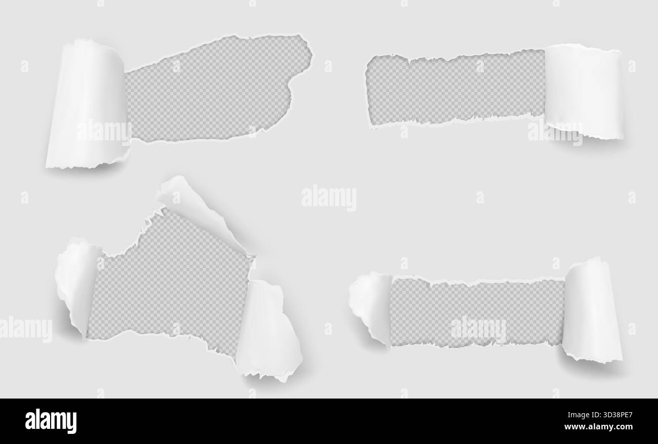 Morceaux de papier blanc déchiré avec des bords irréguliers et des coins recourbés sur fond transparent - fragments de page déchirés, bandes roulées, formes de trous irrégulières. Éléments de texture vectorielle réalistes pour les bannières de vente Illustration de Vecteur