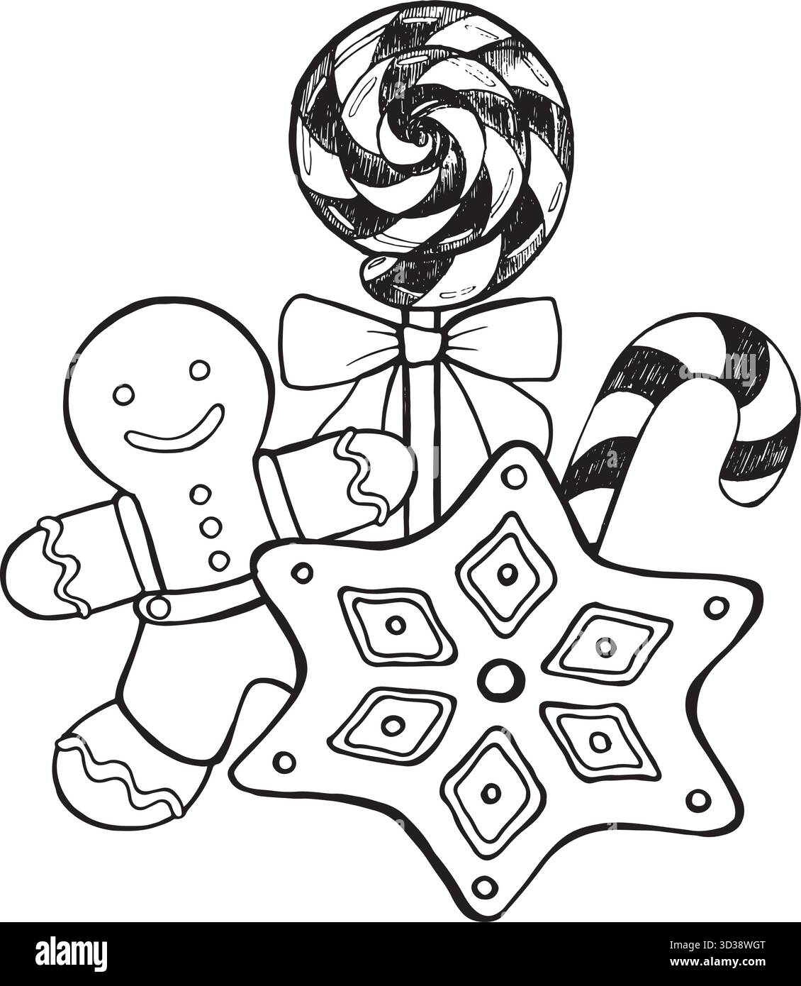 Noir, illustration vectorielle blanche de bonbons de Noël homme en pain d'épice, canne à bonbons, sucette, cookie étoile. Design festif de dessert de vacances, hiver Illustration de Vecteur