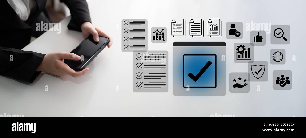 La liste de contrôle métier garantit la cohérence des processus, améliore l'assurance qualité et prend en charge une gestion efficace pour une analyse fiable des performances Banque D'Images