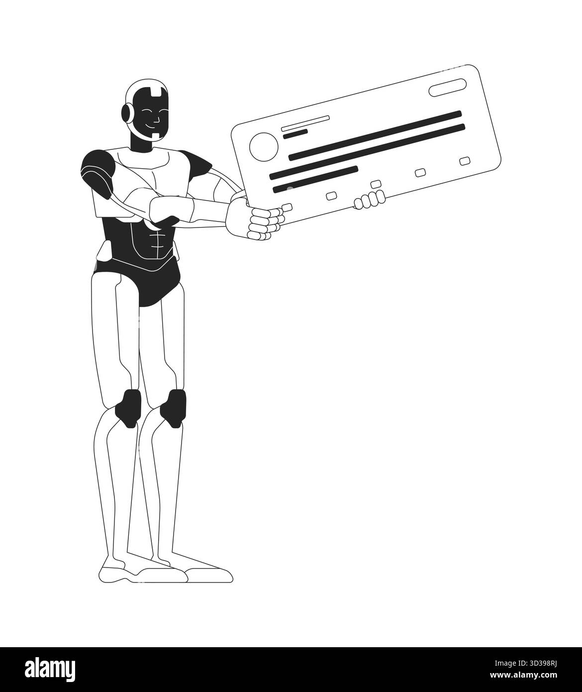 Robot AI tenant le personnage de ligne 2D de publication de médias sociaux Illustration de Vecteur