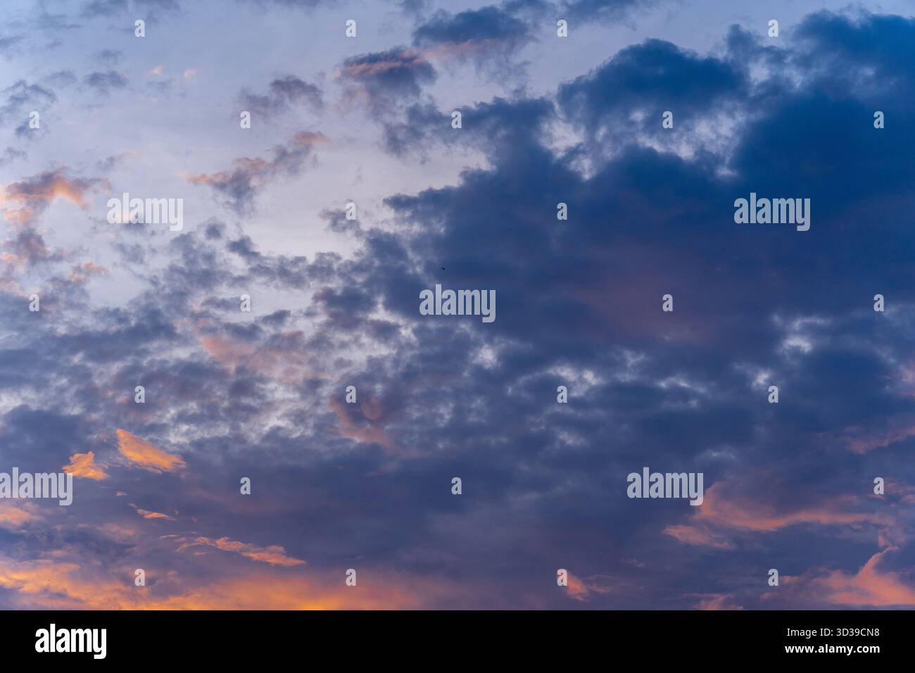 Un beau ciel au coucher ou au lever du soleil. La lumière orange et rose illumine les nuages sur un fond bleu. Fond abstrait naturel parfait. Banque D'Images