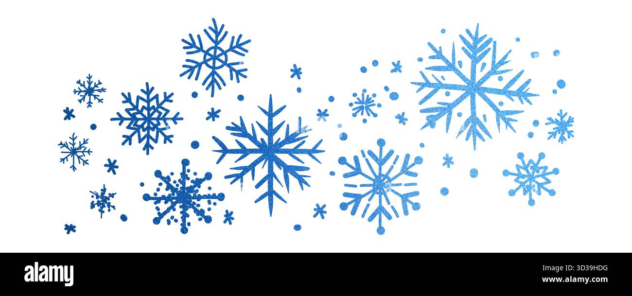 illustration : flocons de neige bleu pailleté texture dans le temps froid de noël d'hiver isolé sur blanc Banque D'Images