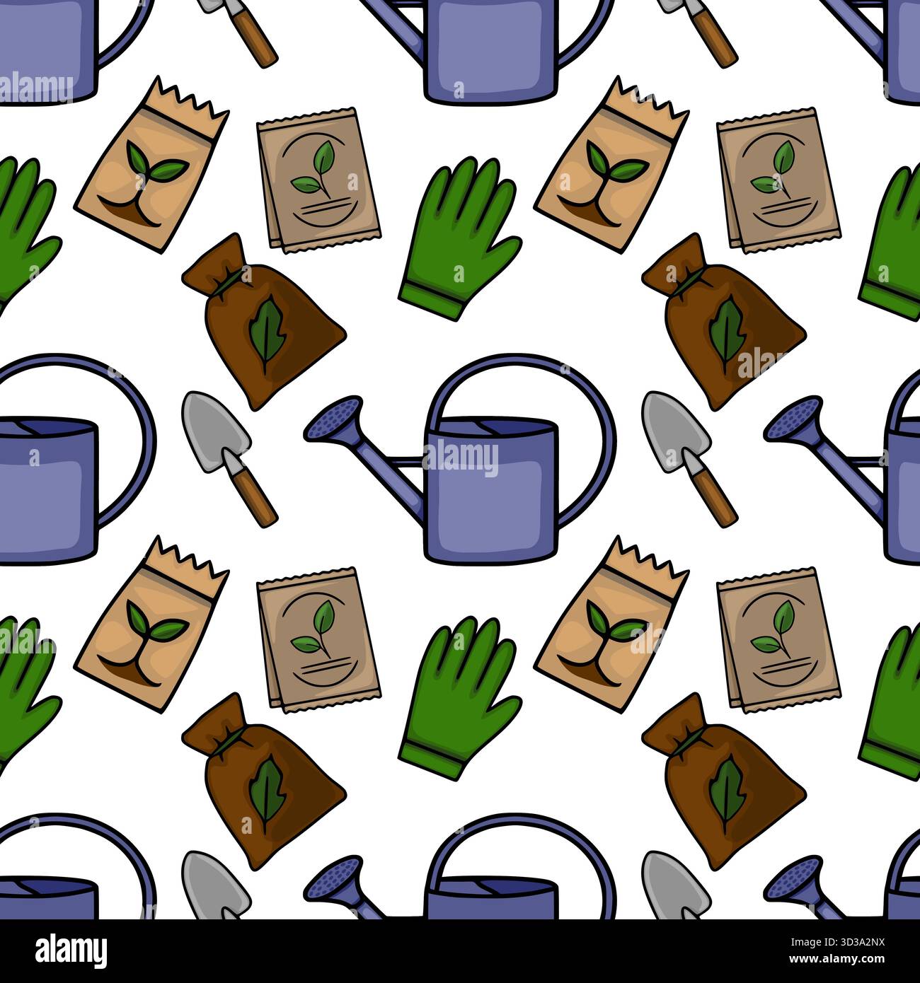 Modèle vectoriel sans couture avec de charmants outils de jardinage dessinés à la main, y compris des arrosoirs, des paquets de graines, des sacs de terre, des truelles à main, et gant vert Illustration de Vecteur