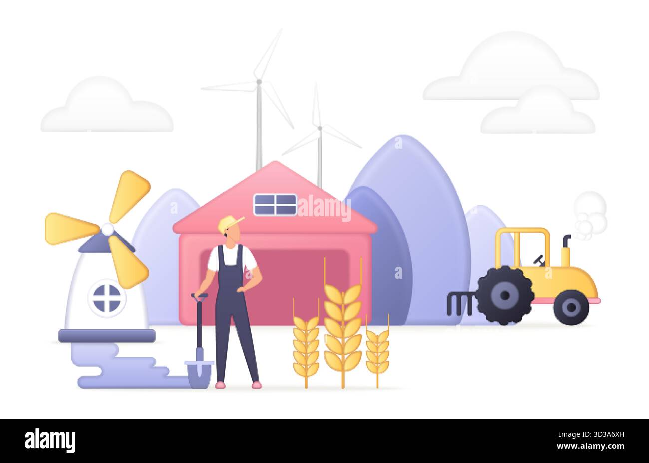 Agriculteur debout près de grange moulin à vent blé tracteur montagnes éoliennes fond représentant l'agriculture durable paysage rural isolé illustration vectorielle de fond blanc isolé. Illustration de Vecteur