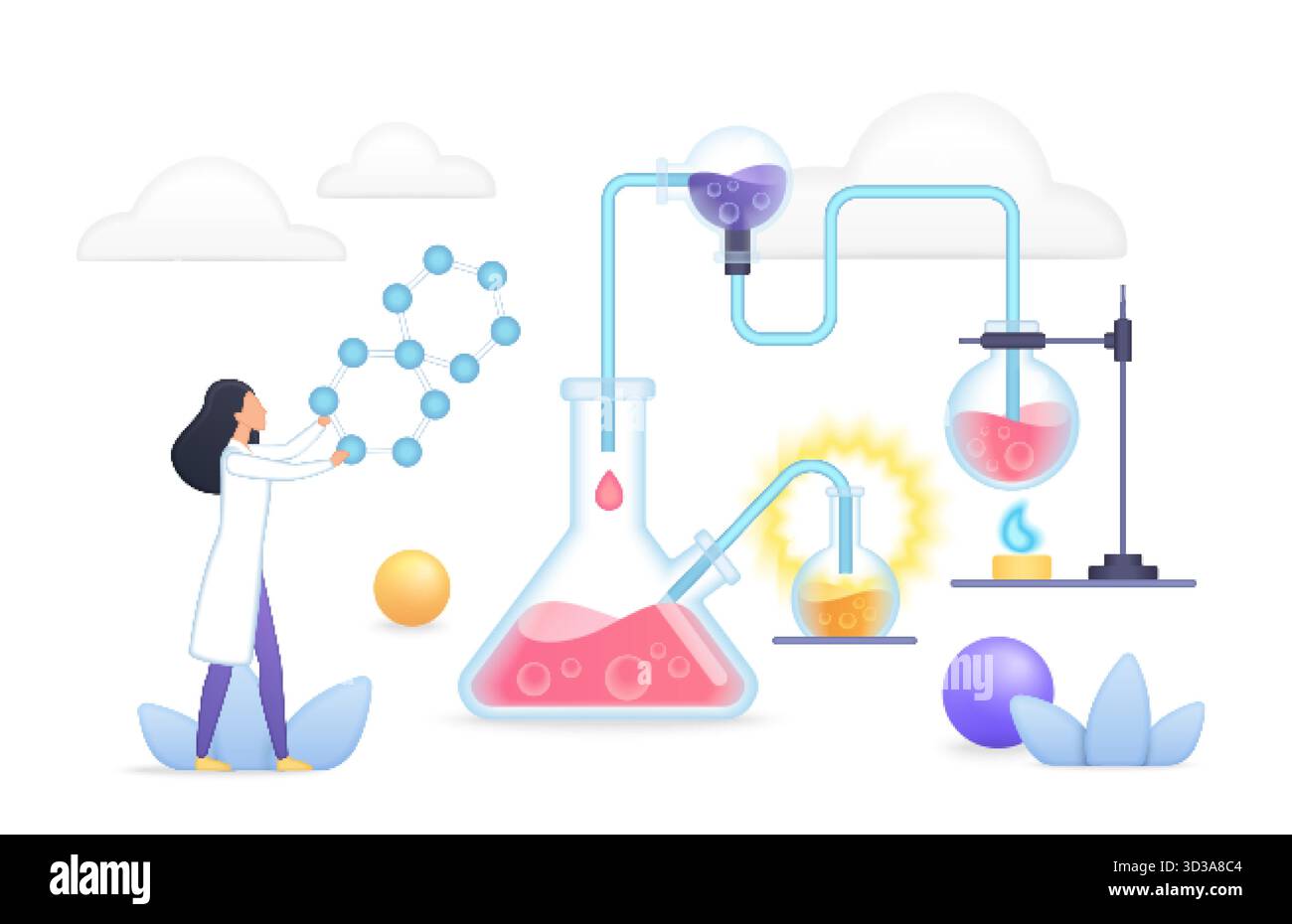 Laboratoire de chimie moderne installation scientifique en verrerie volumétrique analysant la structure moléculaire liquides colorés formation scientifique de recherche d'équipement scientifique illustration vectorielle de fond blanc isolé. Illustration de Vecteur