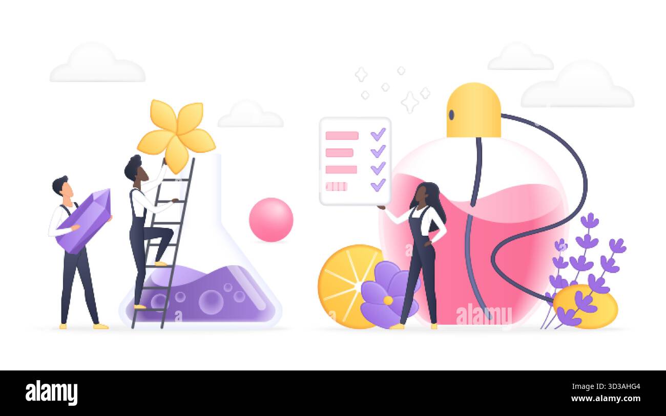 Concept moderne de développement de parfum montrant les gens avec bouteille de parfum, flacon de laboratoire, fleurs, agrumes, et liste de contrôle pour la formulation de parfum isolé sur l'illustration vectorielle de fond blanc Illustration de Vecteur