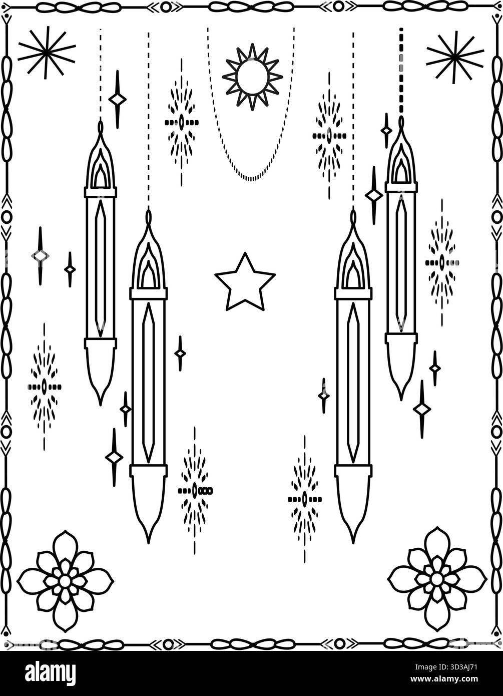 Design de lanterne islamique et d'étoile. Ramadan Kareem Line Art, Mosquée lampe décoration page de coloriage. Illustration de Vecteur