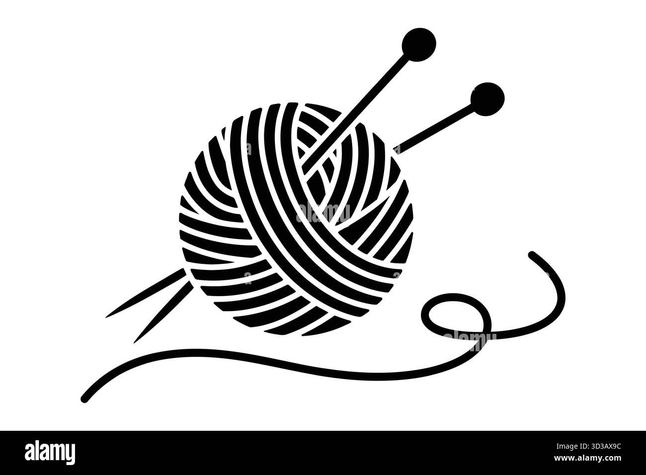 Illustration en noir et blanc d'une boule de fil avec des aiguilles à tricoter Illustration de Vecteur