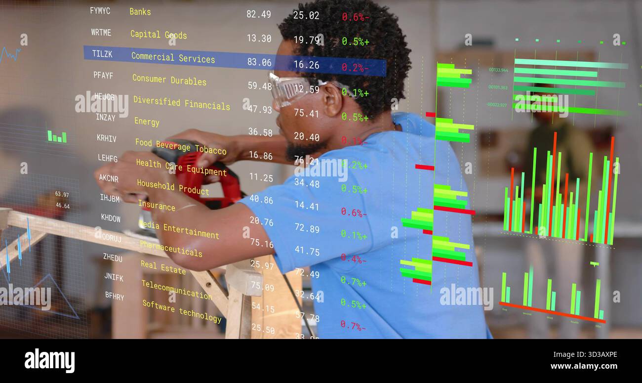 Outil électrique d'exploitation homme portant des gants ponçant le panneau en bois dans l'atelier, avec des cartes de marché Banque D'Images