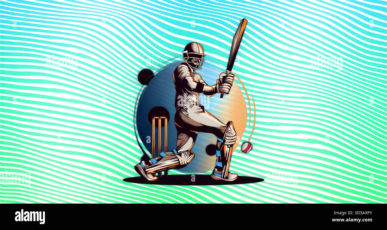 Batteur de cricket balançant frappant une balle de cricket rouge et blanche avec une batte en bois dans un gradient abstrait Banque D'Images