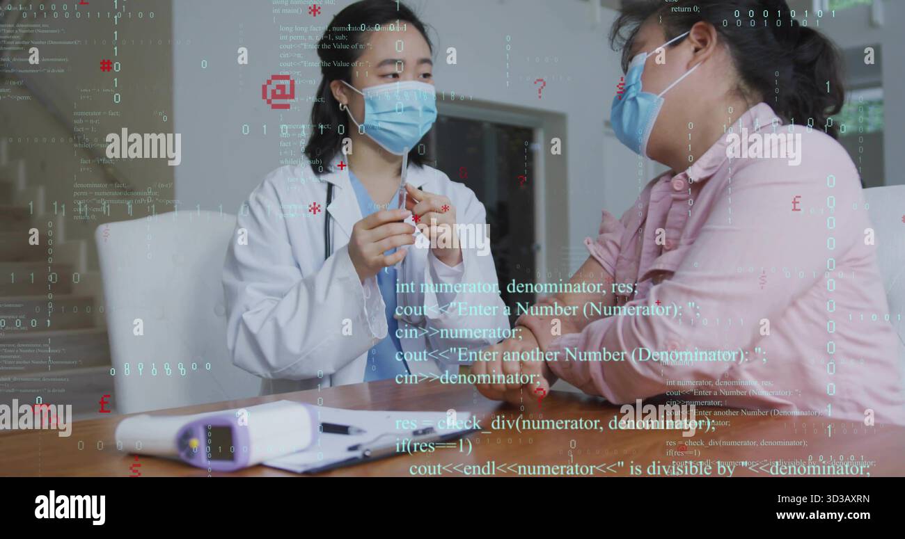 Préparation de la seringue de prélèvement par l'infirmière pendant que le patient étend l'avant-bras à la clinique à l'aide d'un thermomètre Banque D'Images