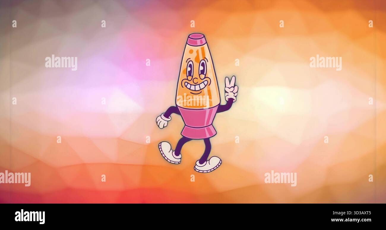 Pose d'une lampe à lave anthropomorphique soulevant le signe de la paix sur fond de gradient abstrait, portant des gants Banque D'Images