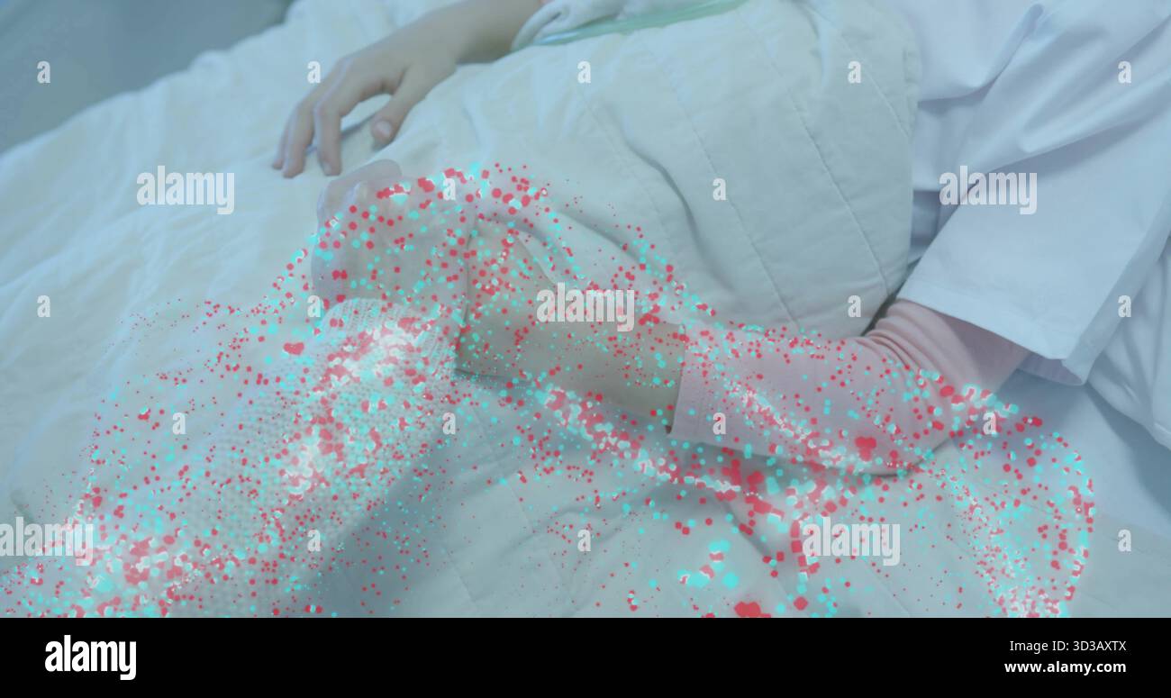 Mère couchée et fille reposant sous couette beige dans la chambre à coucher de la maison, avec confettis numériques flottant Banque D'Images