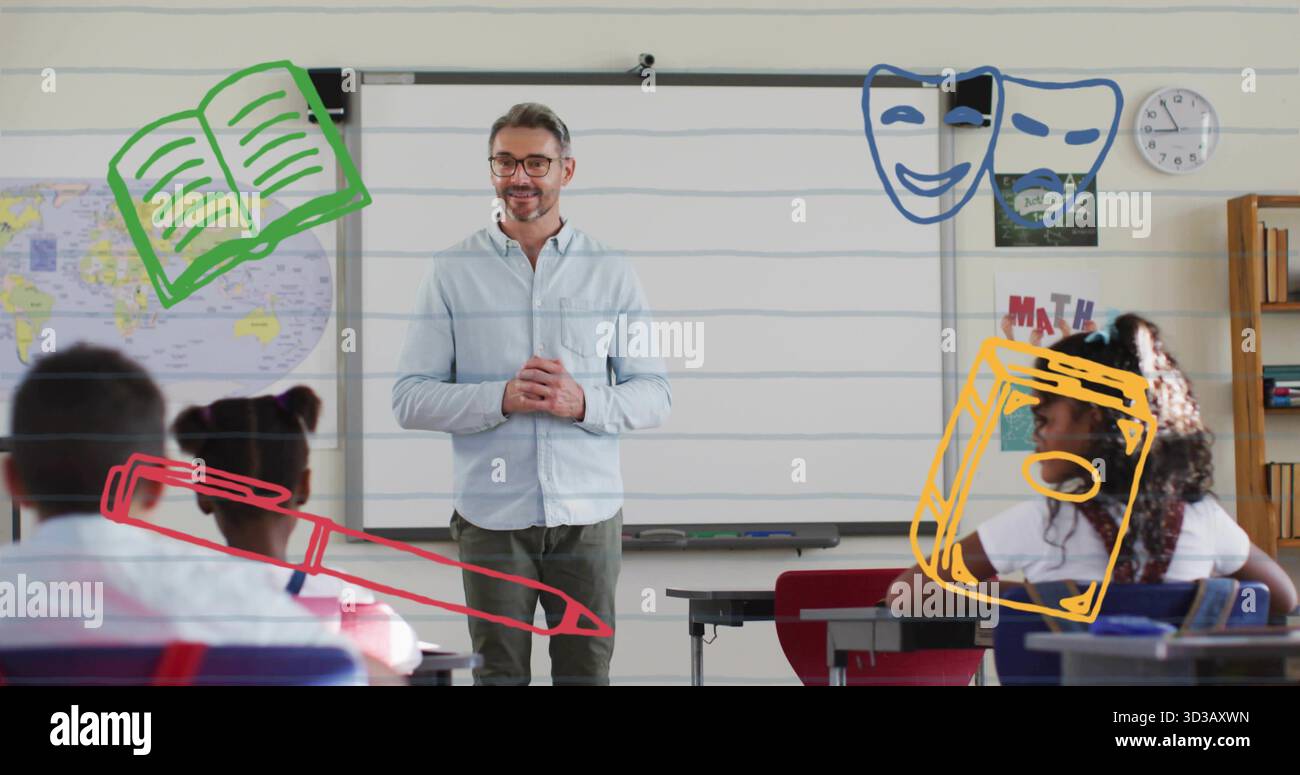 Enseignant enseignant masculin guidant trois élèves en classe, avec tableau blanc, carte et icônes de doodle Banque D'Images