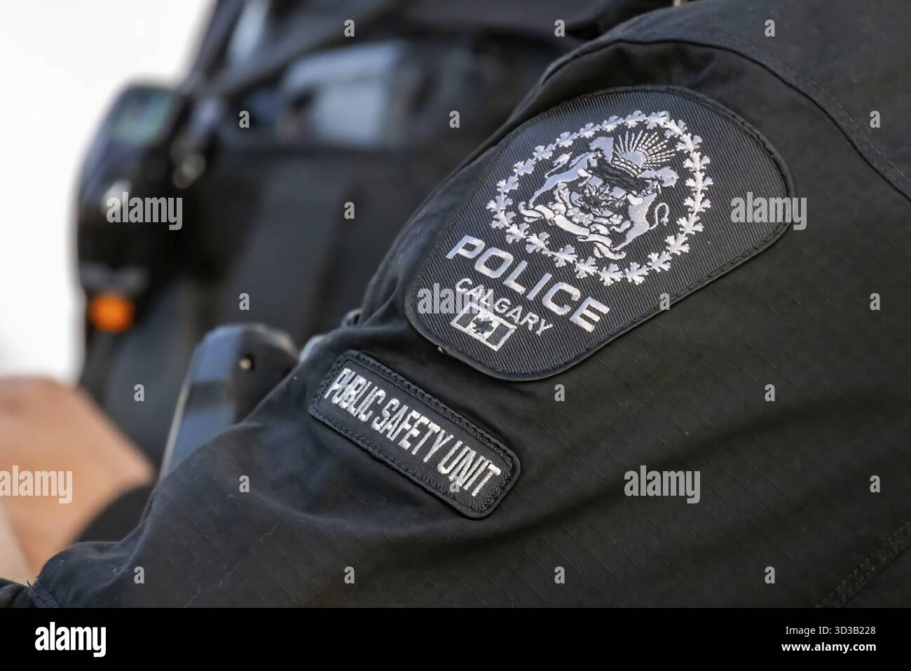 Calgary, Alberta, Canada. 13 juin 2025. Un gros plan révèle un insigne de la police de Calgary et un écusson de l'unité de sécurité publique sur un uniforme de police, symbolisant la dédica Banque D'Images