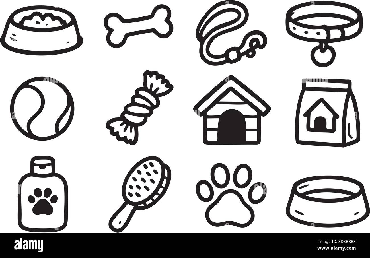 Fournitures pour animaux de compagnie doodle set : bols, jouets et accessoires pour chiens Illustration de Vecteur