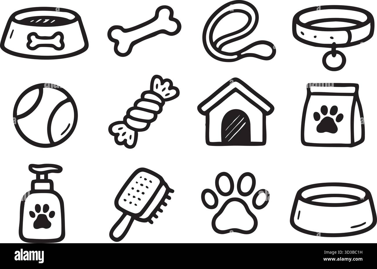 Fournitures pour animaux de compagnie doodle set : bols, jouets et accessoires pour chiens Illustration de Vecteur