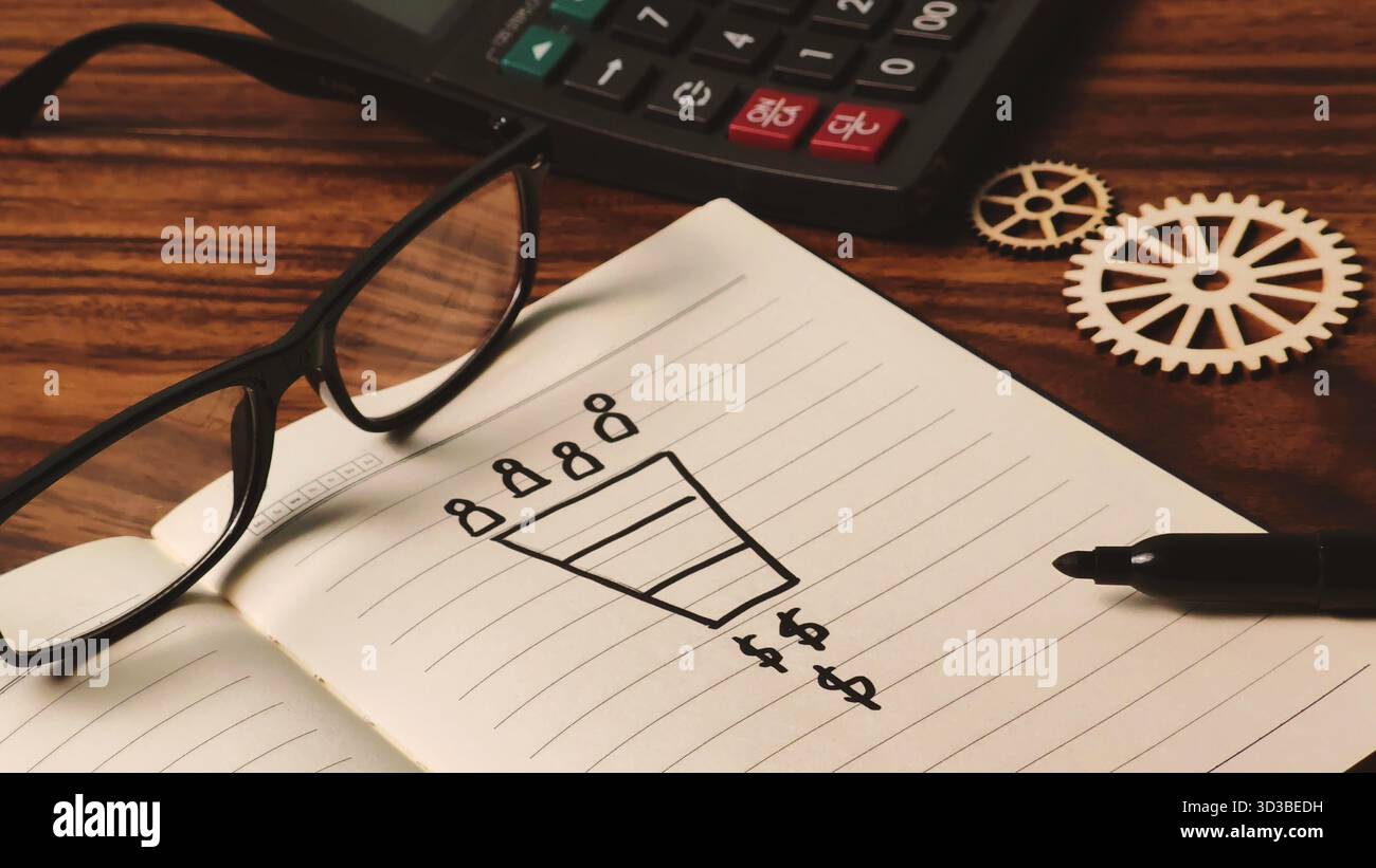 Diagramme de l'entonnoir des ventes aux entreprises : visualisation du taux de conversion des leads en argent Banque D'Images