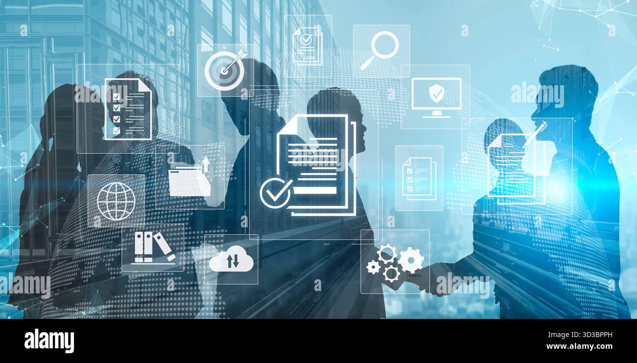 Concept de conformité d'entreprise et de contrôle de qualité. En suivant une liste de contrôle et en respectant la politique et les normes réglementaires de l'entreprise, confirmées par an Banque D'Images