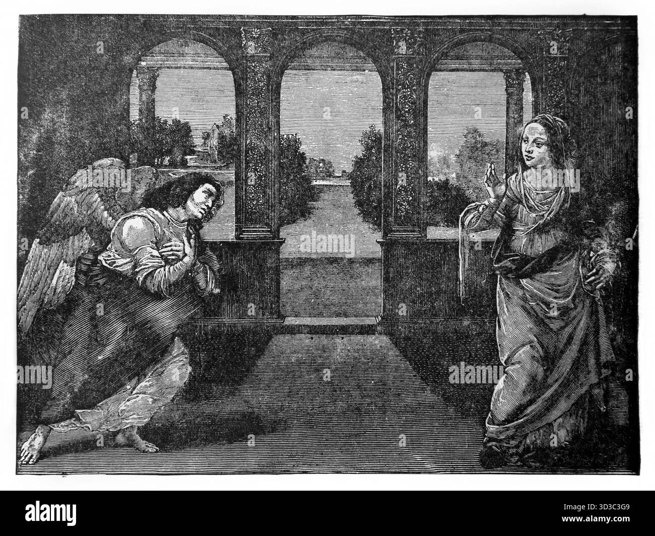 Illustration de l'Annonciation de l'Archange Gabriel à la Vierge Marie de 1890 Edition de la belle histoire joyaux d'or de pensionnat religieux Banque D'Images