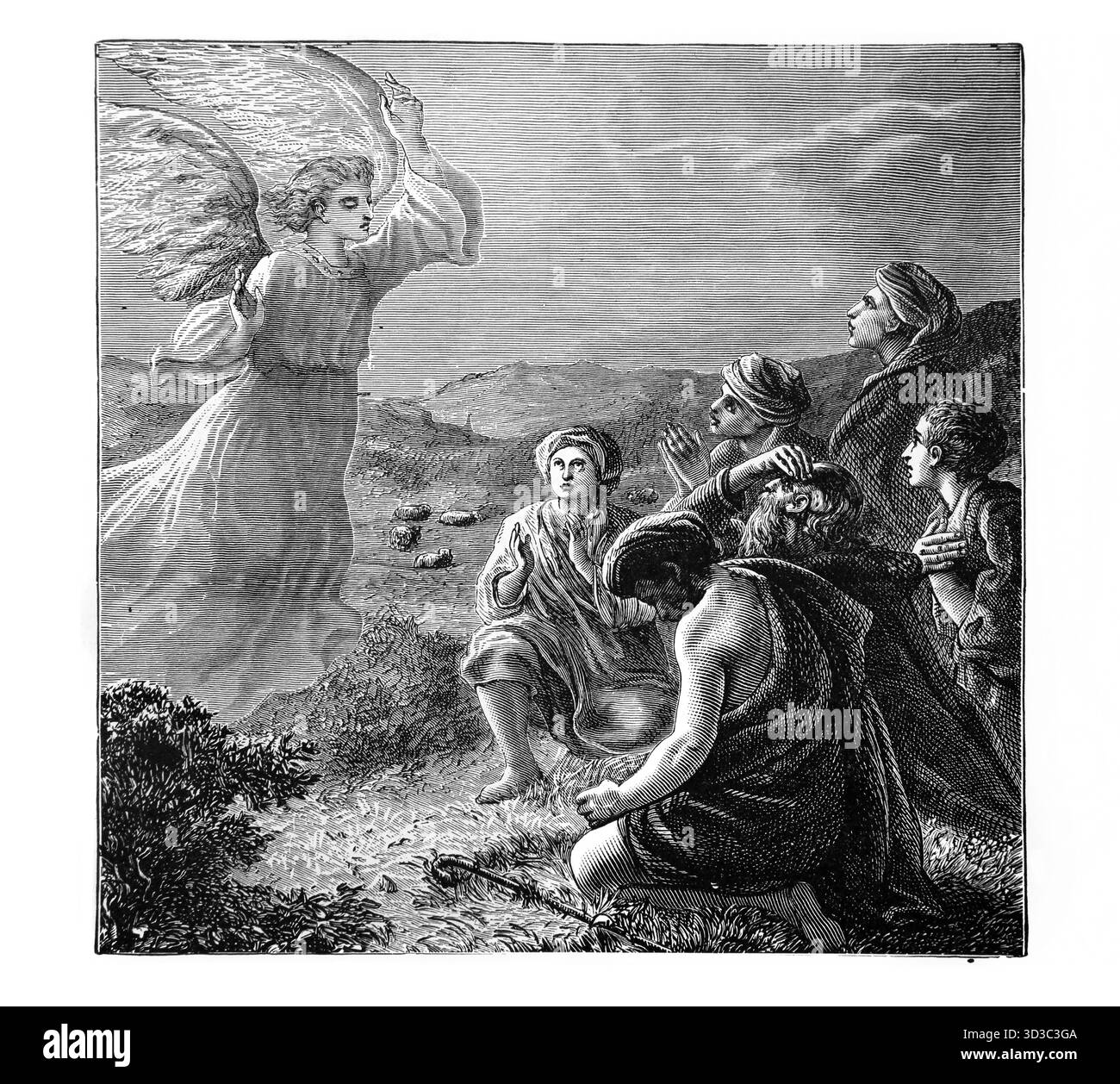 Illustration des bergers qui regardaient leur troupeau la nuit quand un Ange du Seigneur est venu sur eux en leur apportant de bonnes nouvelles de la naissance Banque D'Images