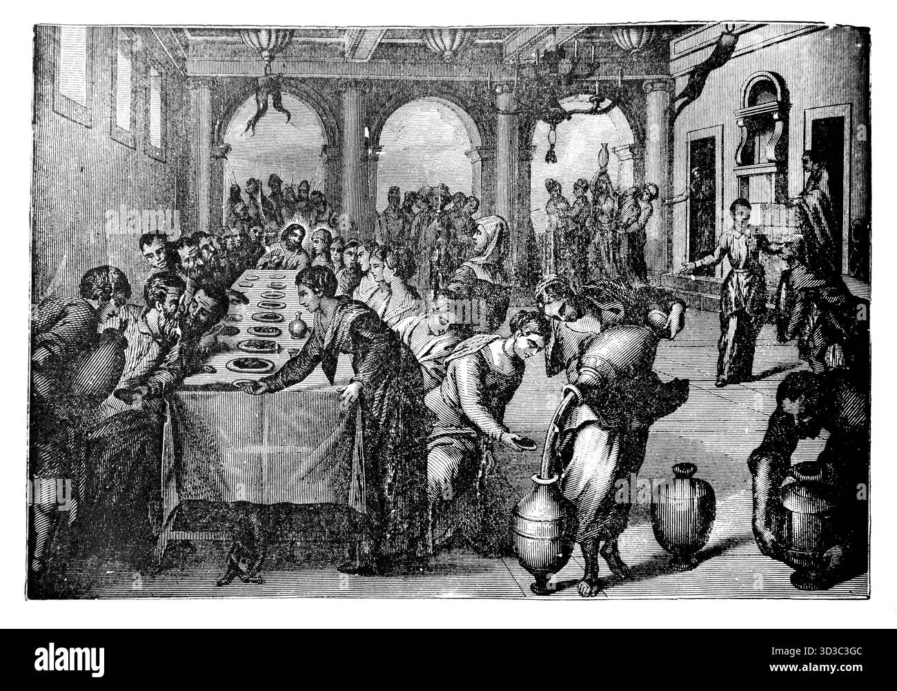 Illustration du premier Miracle de Jésus Christ transformant l'eau en vin au mariage à Cana (Jean) de l'édition 1890 de la belle histoire G Banque D'Images