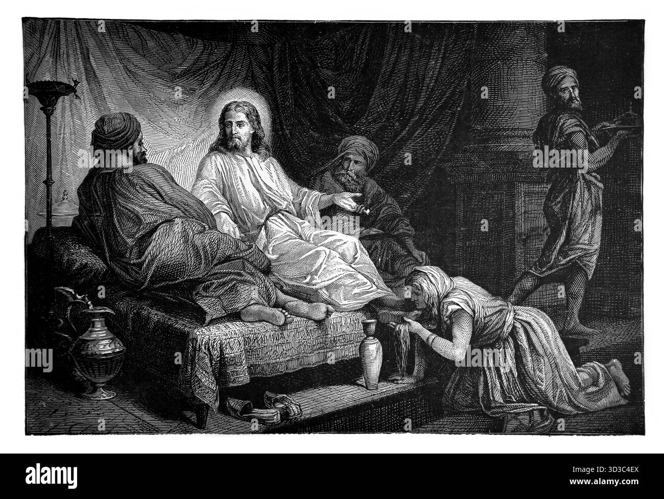 Illustration de Marie-Madeleine à Un banquet à la Maison du pharisien lavant les pieds de Jésus avec ses larmes et les séchait avec ses cheveux et les parfumait w Banque D'Images