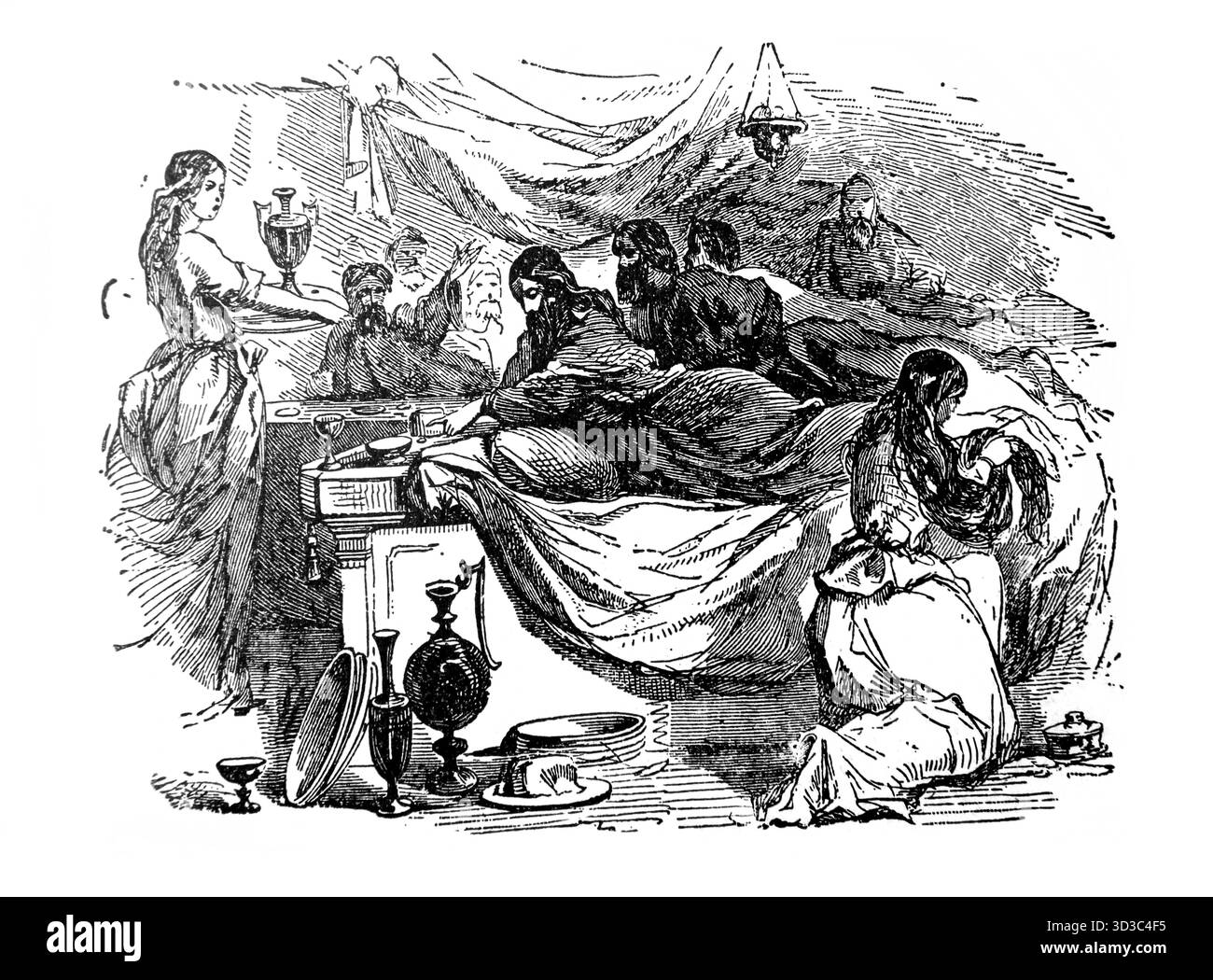 Illustration de Marie-Madeleine à Un banquet à la Maison du pharisien lavant les pieds de Jésus avec ses larmes et les séchait avec ses cheveux et les parfumait w Banque D'Images