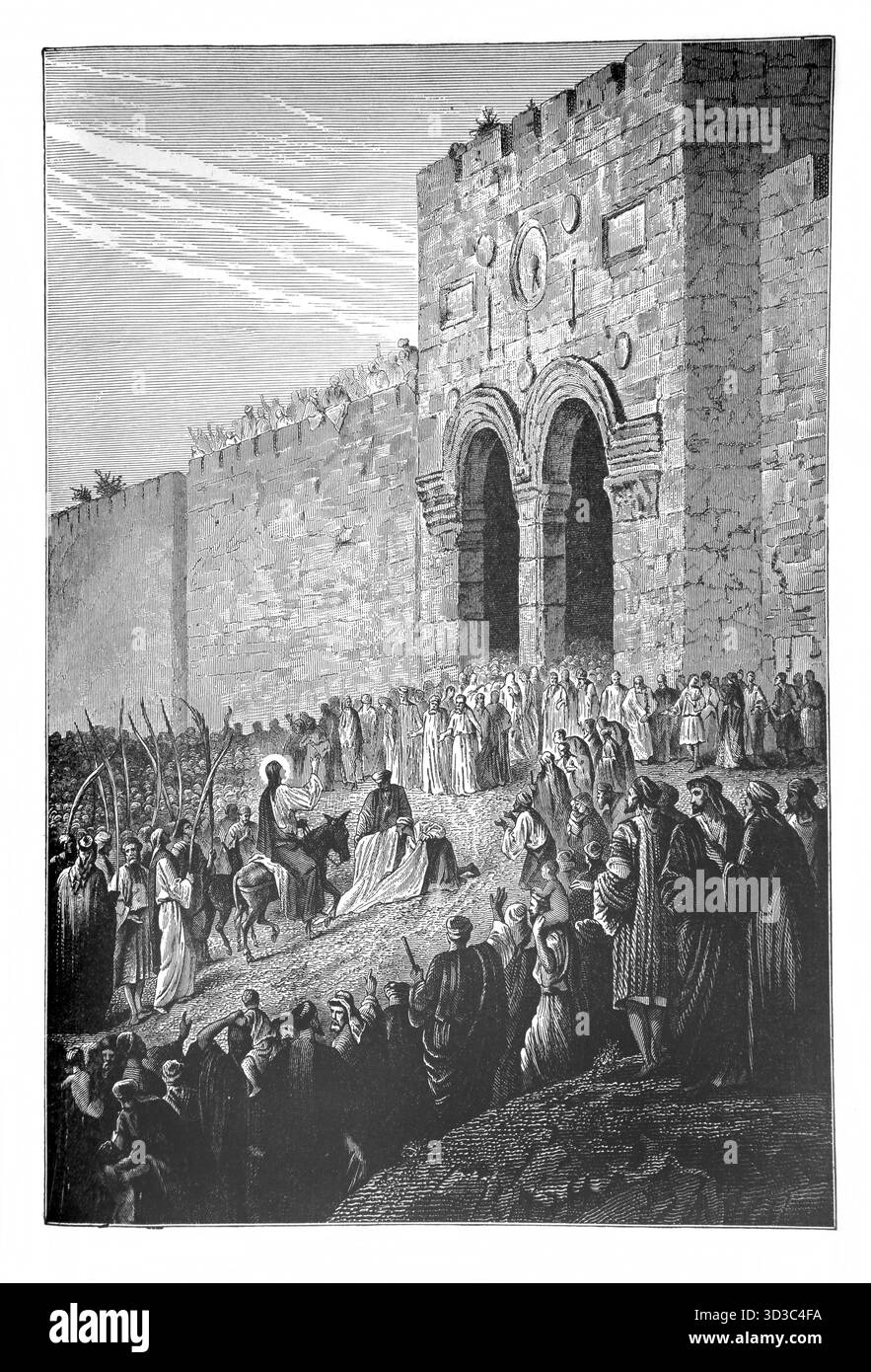 Illustration de l'entrée de Jésus à Jérusalem avec des disciples prenant des foulards et les déposant sur le sol pour que l'âne marche dessus au milieu de Hosa Banque D'Images