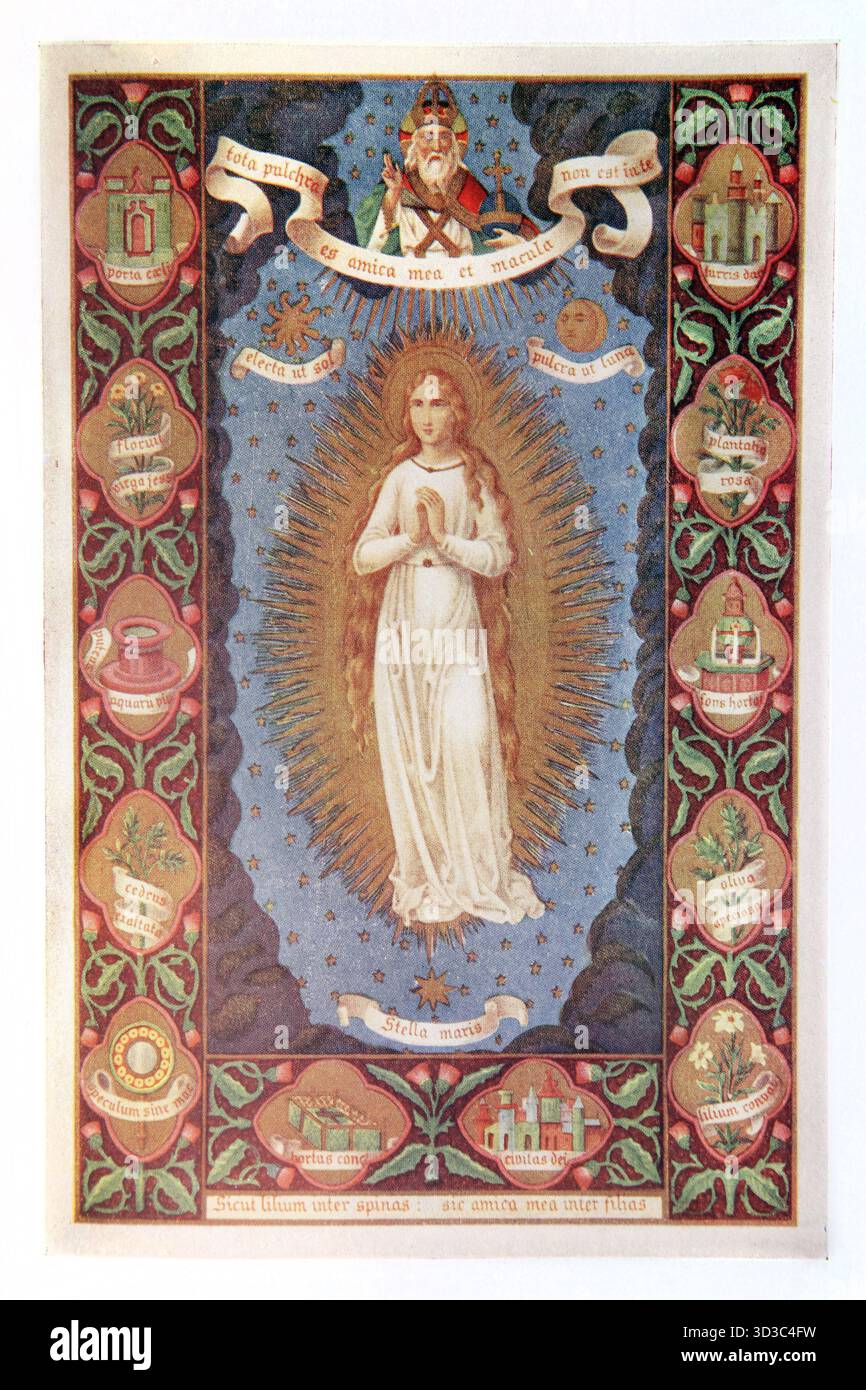 Illustration de la Vierge Marie entourée d'une Mandorla rayonnante et des emblèmes associés à elle avec le Seigneur Dieu ci-dessus du 19ème siècle les vies o Banque D'Images