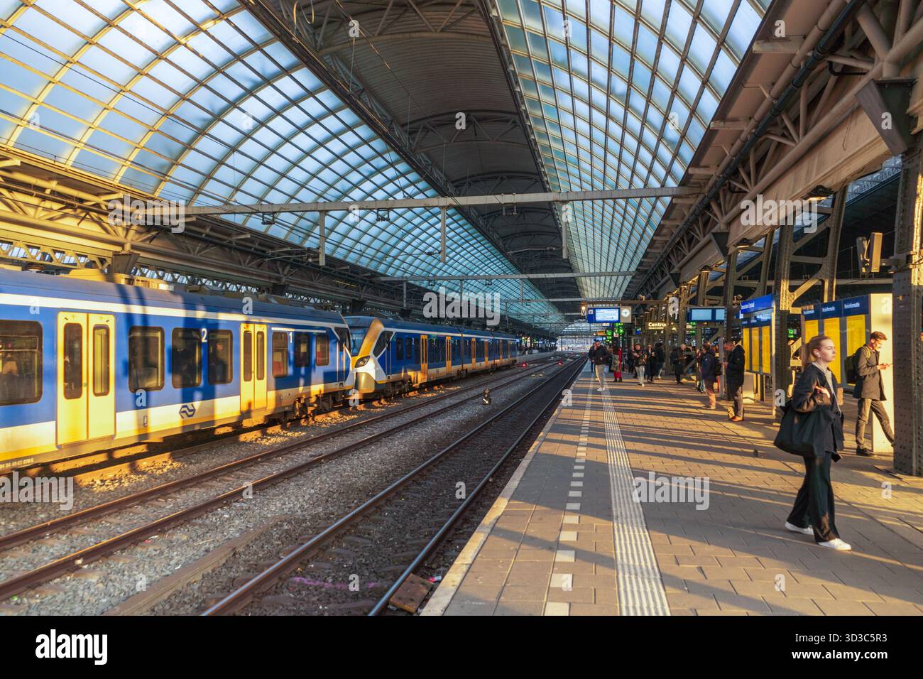 Trains NS sur les quais ensoleillés de la gare centrale d’Amsterdam, sous le toit de verre emblématique de la gare conçu par Pierre Cuypers. Banque D'Images