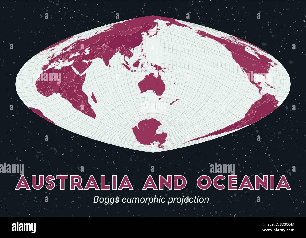 Carte du monde de projection eumorphique Boggs centrée sur l'Australie et l'Océanie, avec une palette de couleurs rose foncé menthe pâle et une texture vintage. Illustration de Vecteur