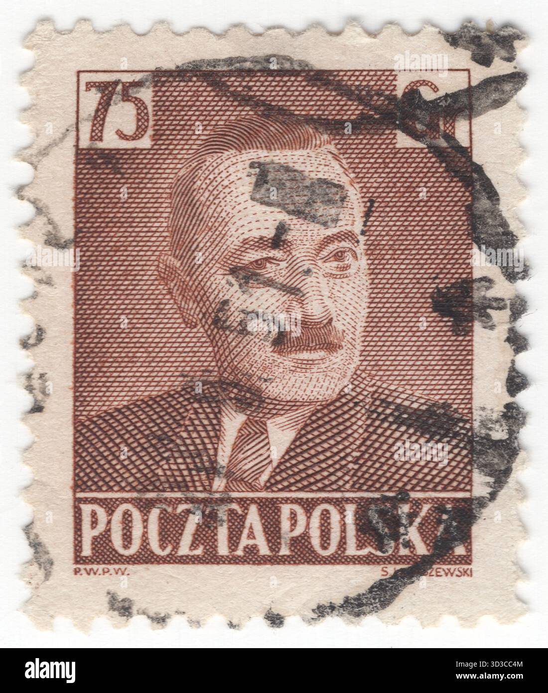 POLOGNE — 16 décembre 1950 : 75 gros timbre-poste marron portrait du président Boleslaw Bierut, militant communiste polonais et homme politique, dirigeant de la République populaire de Pologne en 1947-1956. Il a été président du Conseil national d'État, président de la Pologne, secrétaire général du Comité central du Parti ouvrier Uni polonais et premier ministre. Il a mis en œuvre des aspects du système stalinien en Pologne. Avec Władysław Gomułka, son principal rival, Bierut est principalement responsable des changements historiques que la Pologne a subis au lendemain de la seconde Guerre mondiale Banque D'Images