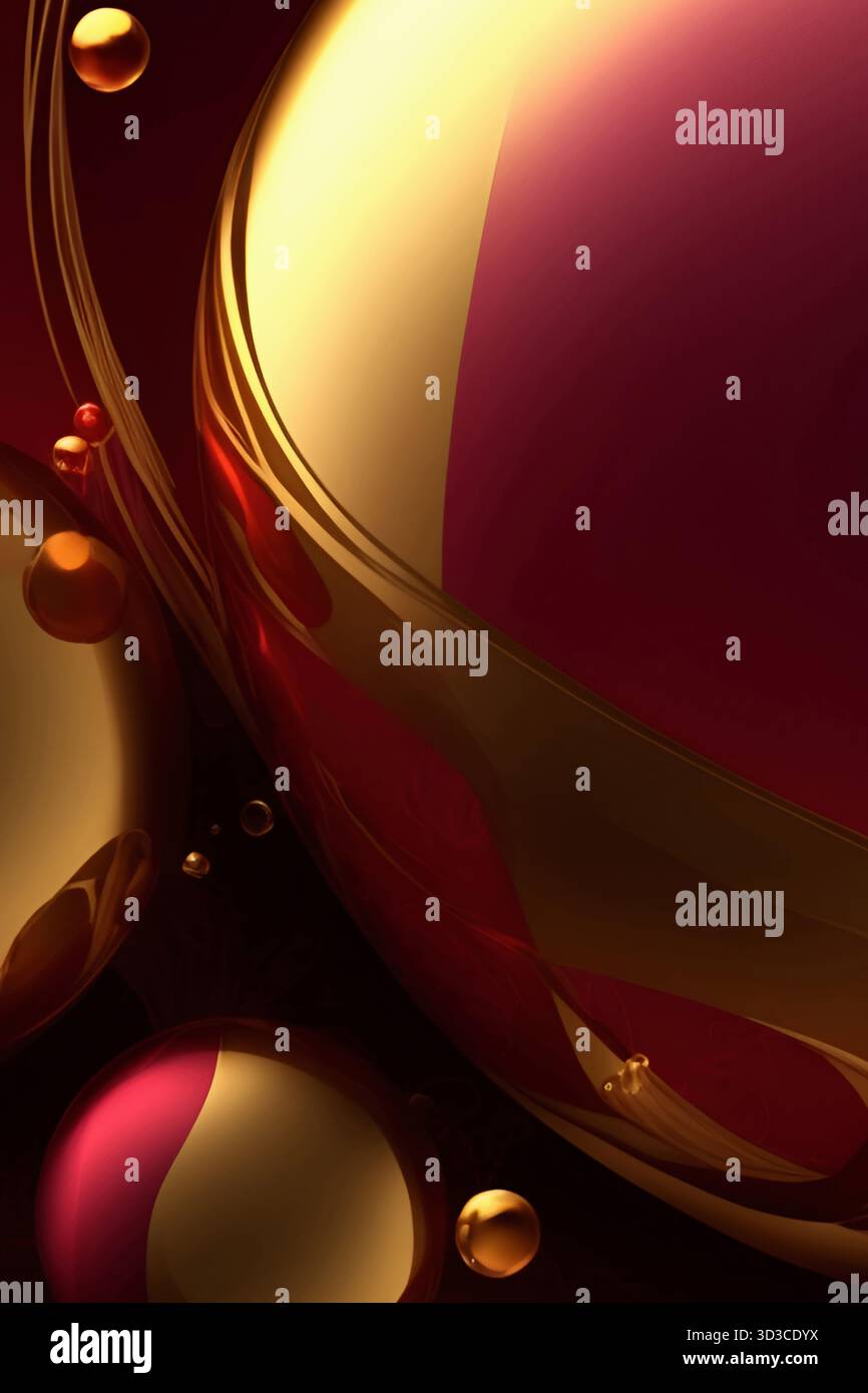Un gros plan artistique de sphères brillantes rouges et dorées réfléchissant la lumière. Les courbes lisses et les tons riches créent une composition luxueuse et abstraite avec d Banque D'Images