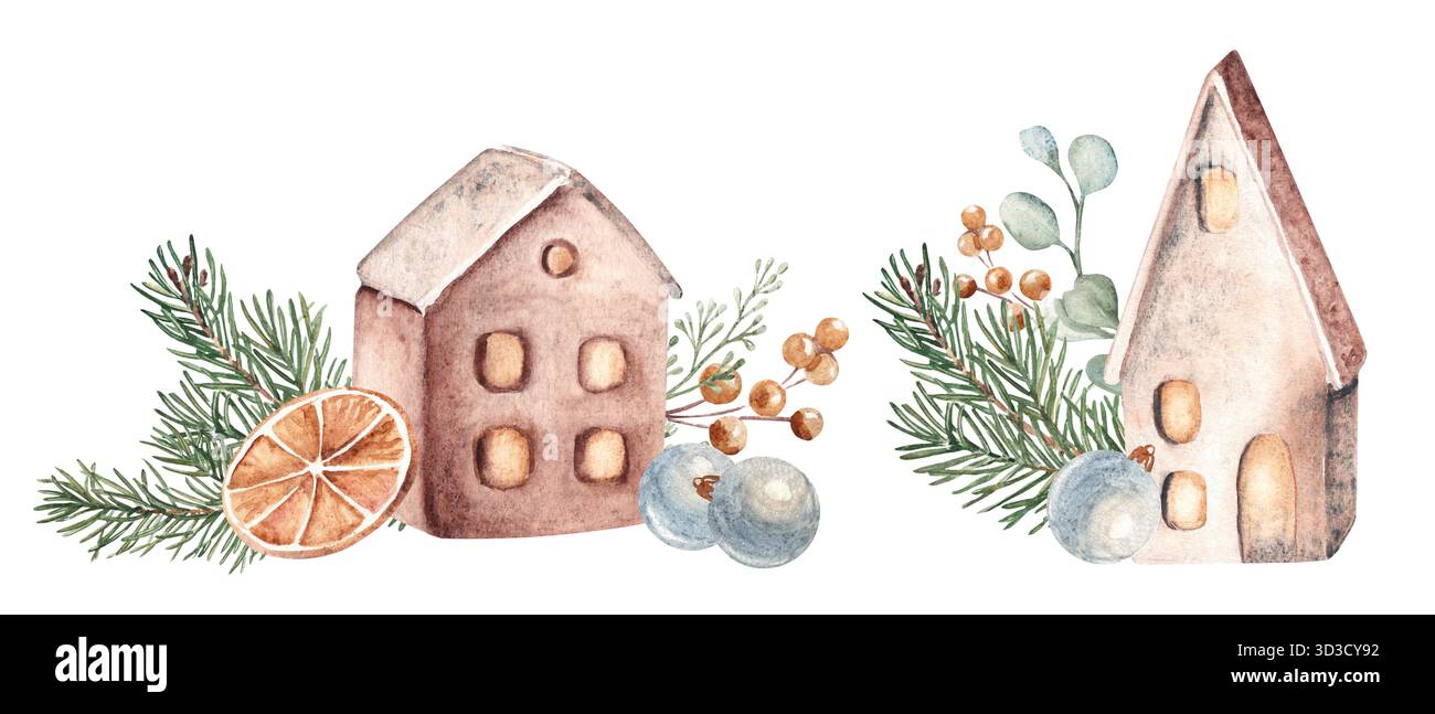 Ensemble de compositions d'aquarelle de Noël. Maisons en céramique avec branches de sapin, orange et eucalyptus. Décoration de maison confortable dans un style rustique. Dessiné à la main Banque D'Images