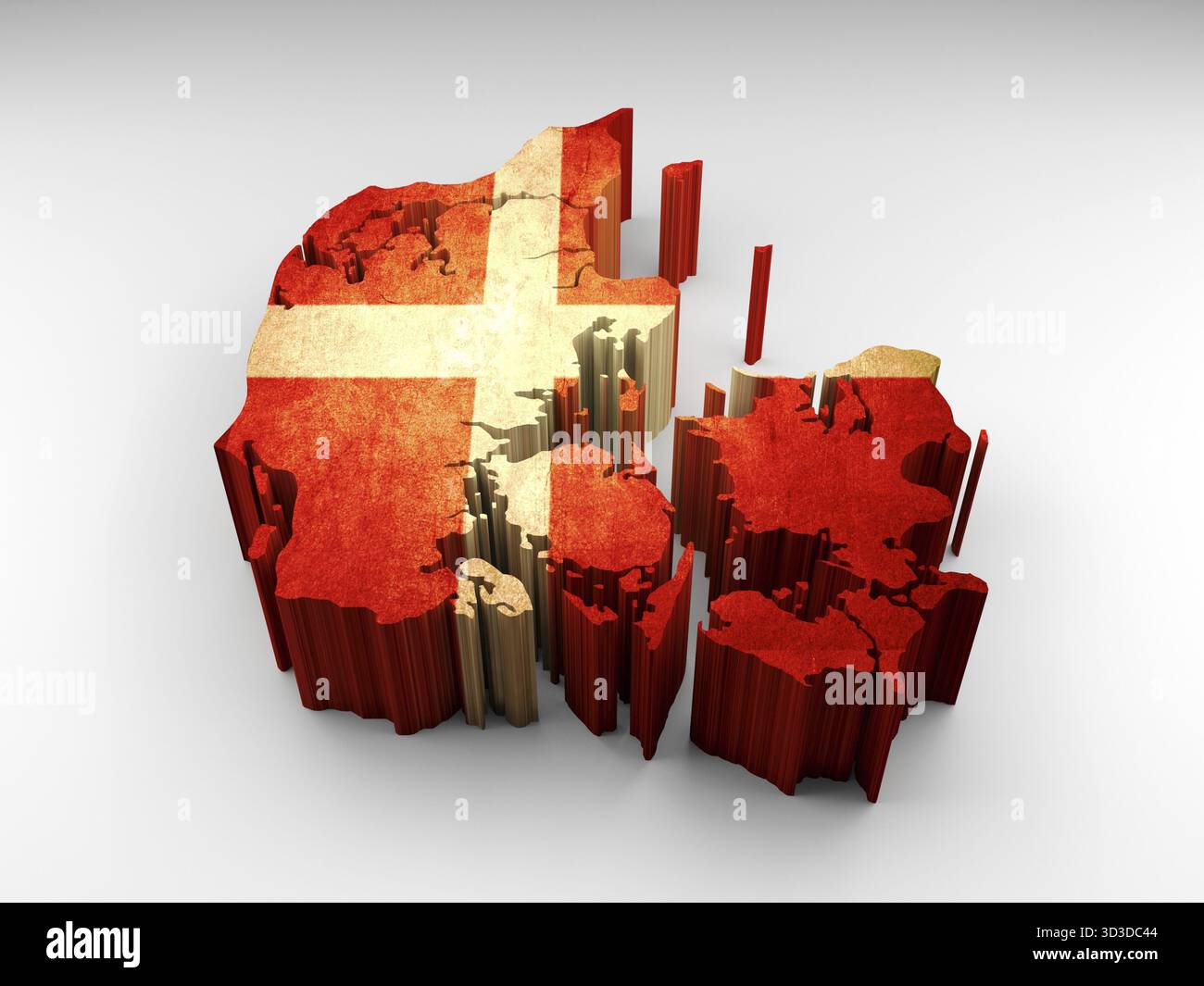 Texture 3d Danemark carte avec un drapeau danois sur un fond blanc Banque D'Images