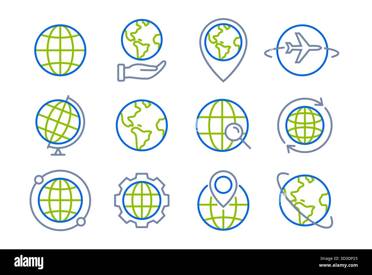 Icône World globe Line. Vector Earth global Country map icône de la ligne de planète. Ensemble globe Internet de voyage Illustration de Vecteur