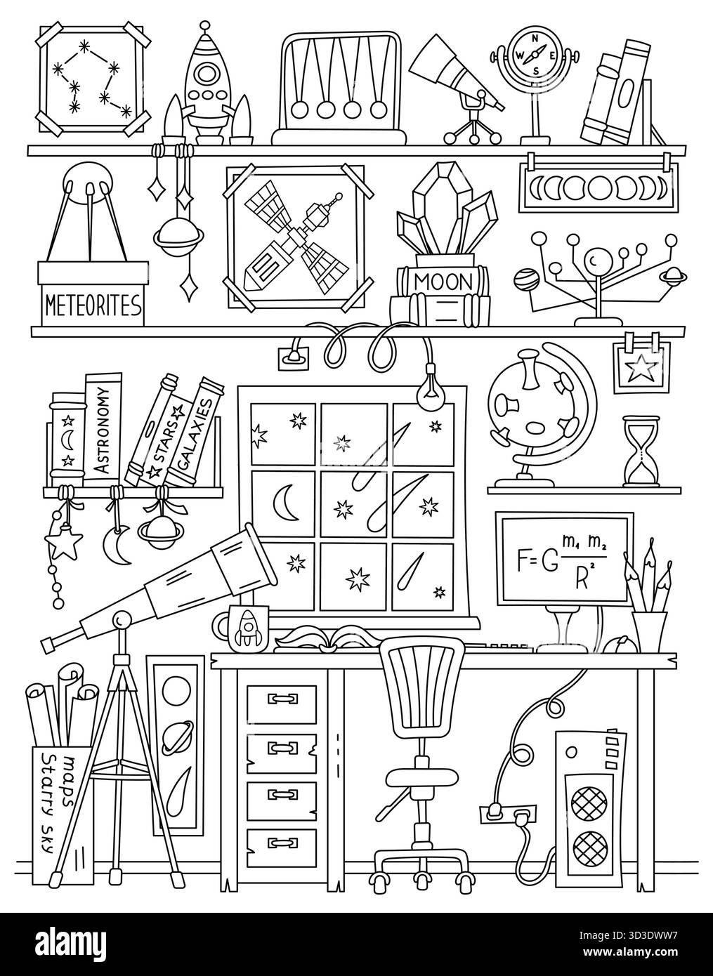 Livre de coloriage de chambre d'astronome pour adolescents et adultes Illustration de Vecteur