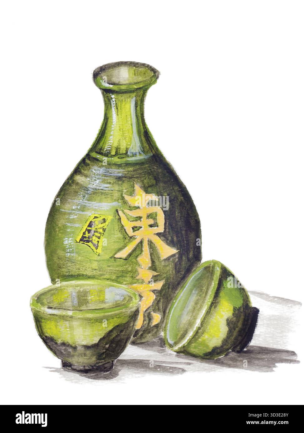 Vin de riz japonais - concept de saké. Bouteille d'argile et tasses pour une boisson. Illustration de peinture acrylique faite à la main de nature morte sur un fond d'art de papier blanc Banque D'Images