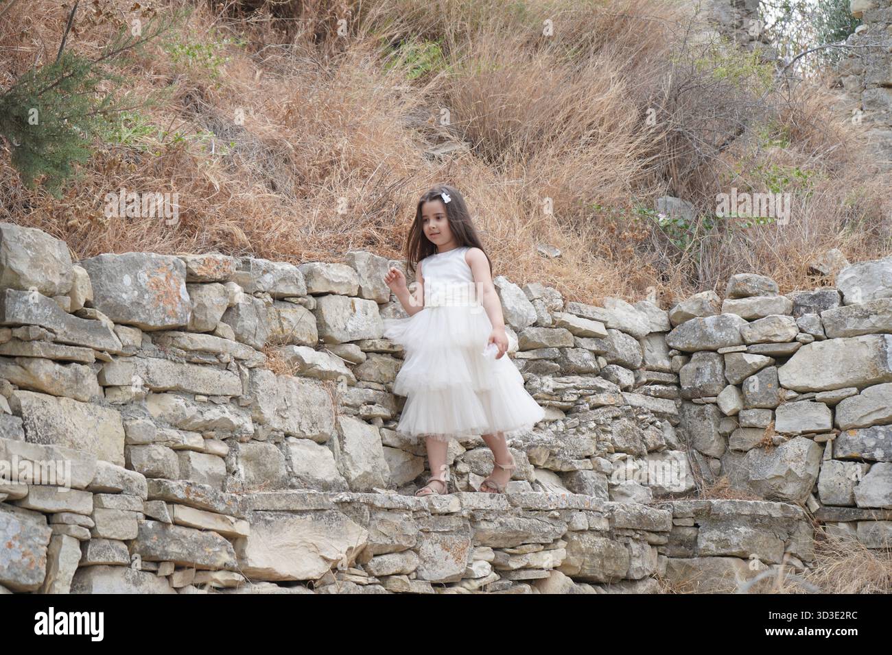 Petite fille dans une robe en tulle blanc à plusieurs niveaux debout sur un mur de roche au milieu de l'herbe sèche, faisant partie d'une série de photos prises dans le village abandonné de Raftis. Banque D'Images