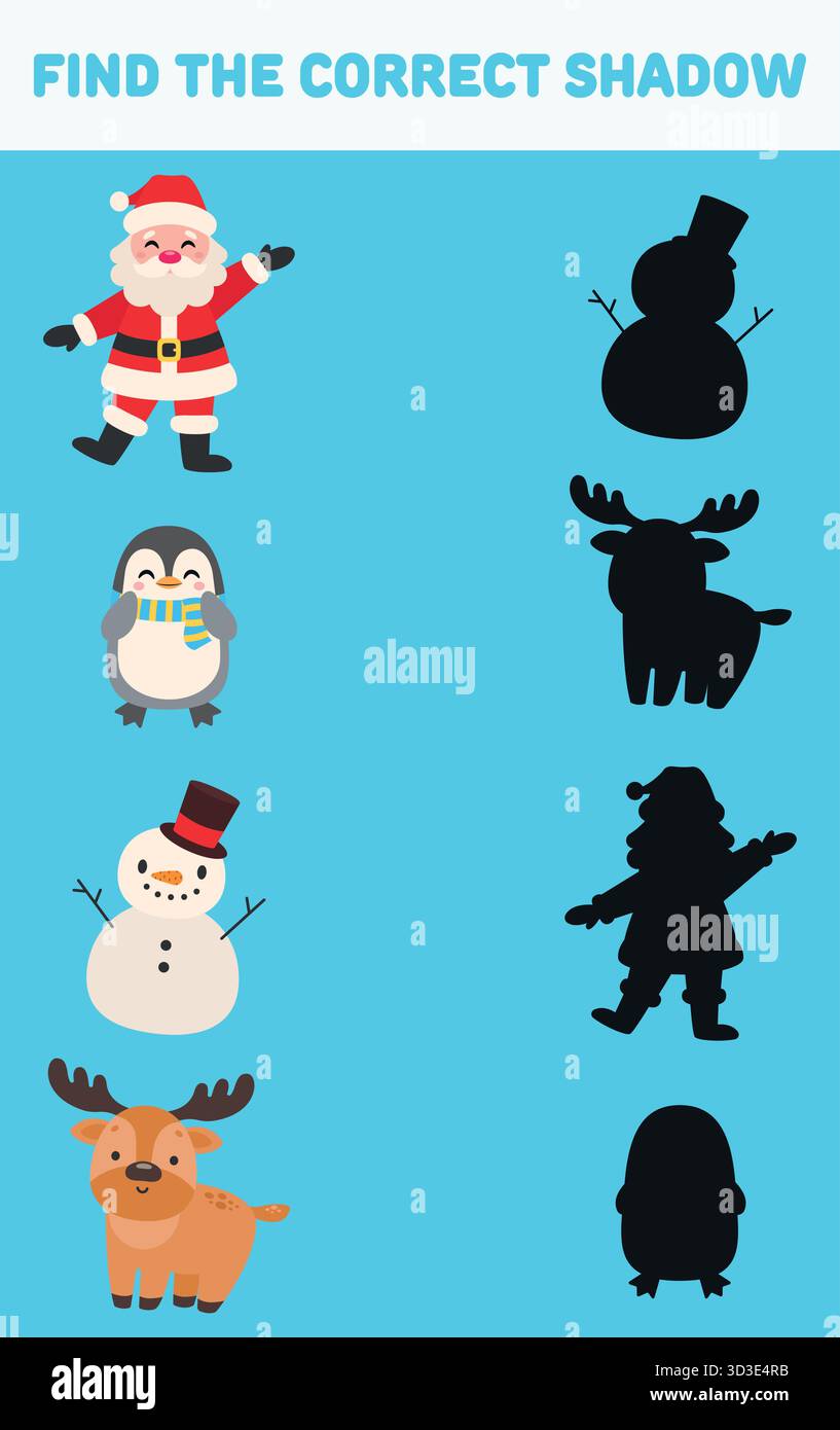 Trouvez l'ombre correcte. Éléments de Noël. Arrière-plan isolé. Illustration vectorielle de dessin animé. Jeux éducatifs pour enfants Illustration de Vecteur