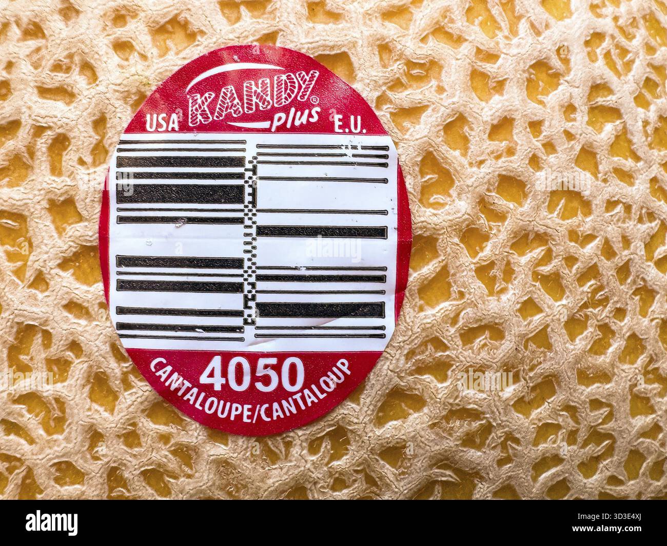 Calgary, Alberta, Canada. 19 septembre 2024. Gros plan d'un autocollant de cantaloup étiqueté CANDY avec le numéro 4050. L'autocollant indique que le melon a été cultivé en t Banque D'Images