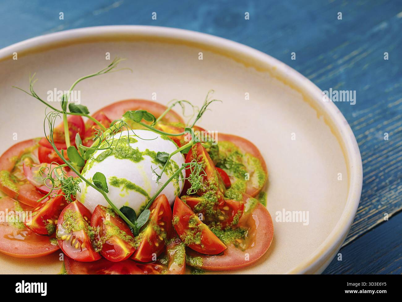 Nourriture, fromage Burrata et salade de tomates servis dans l'assiette Banque D'Images