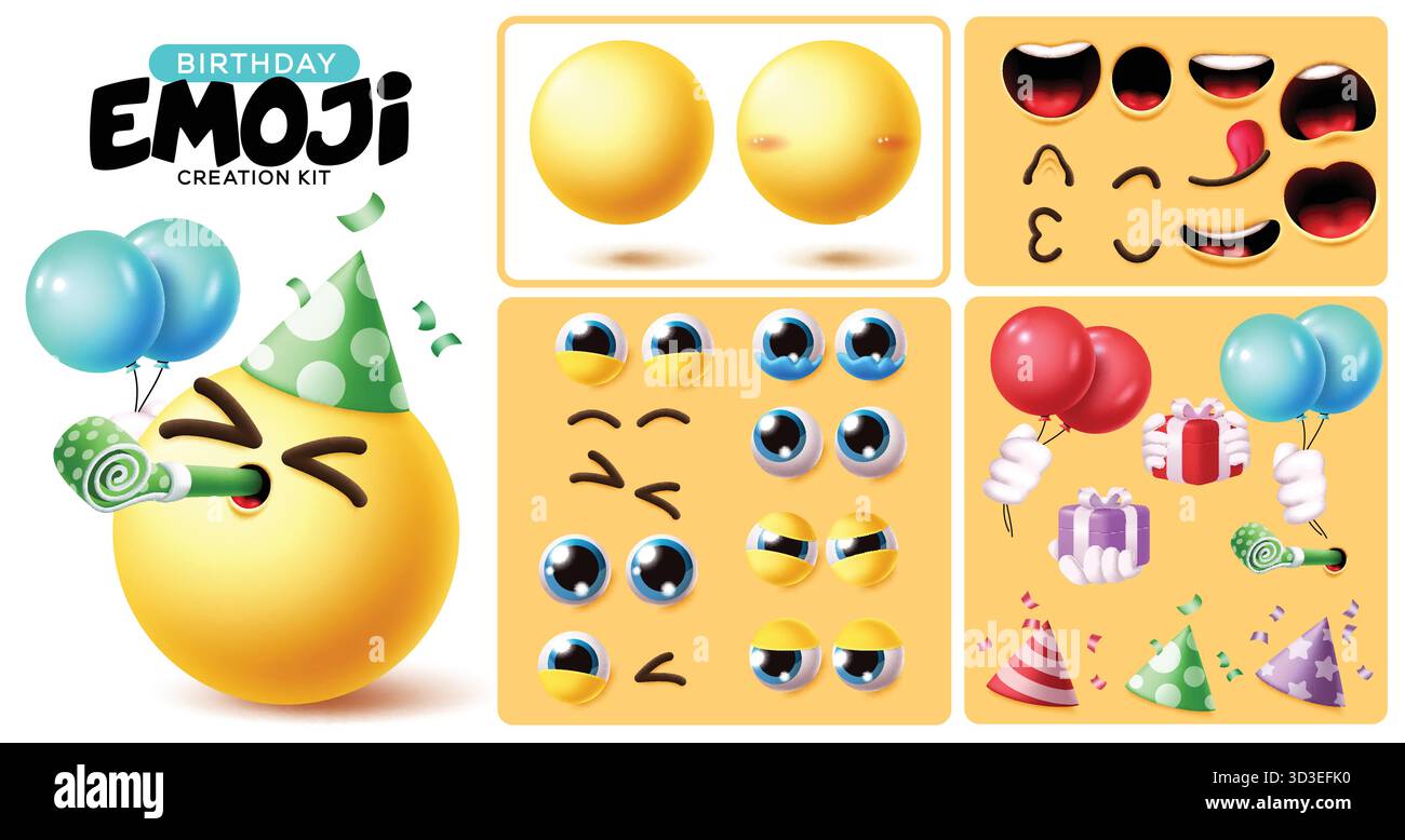 Kit de création d'anniversaire emoji clipart set. Joyeux anniversaire émoticône éditable clip art avec tête, bouche, yeux, langue, sourcils et éléments de fête Illustration de Vecteur
