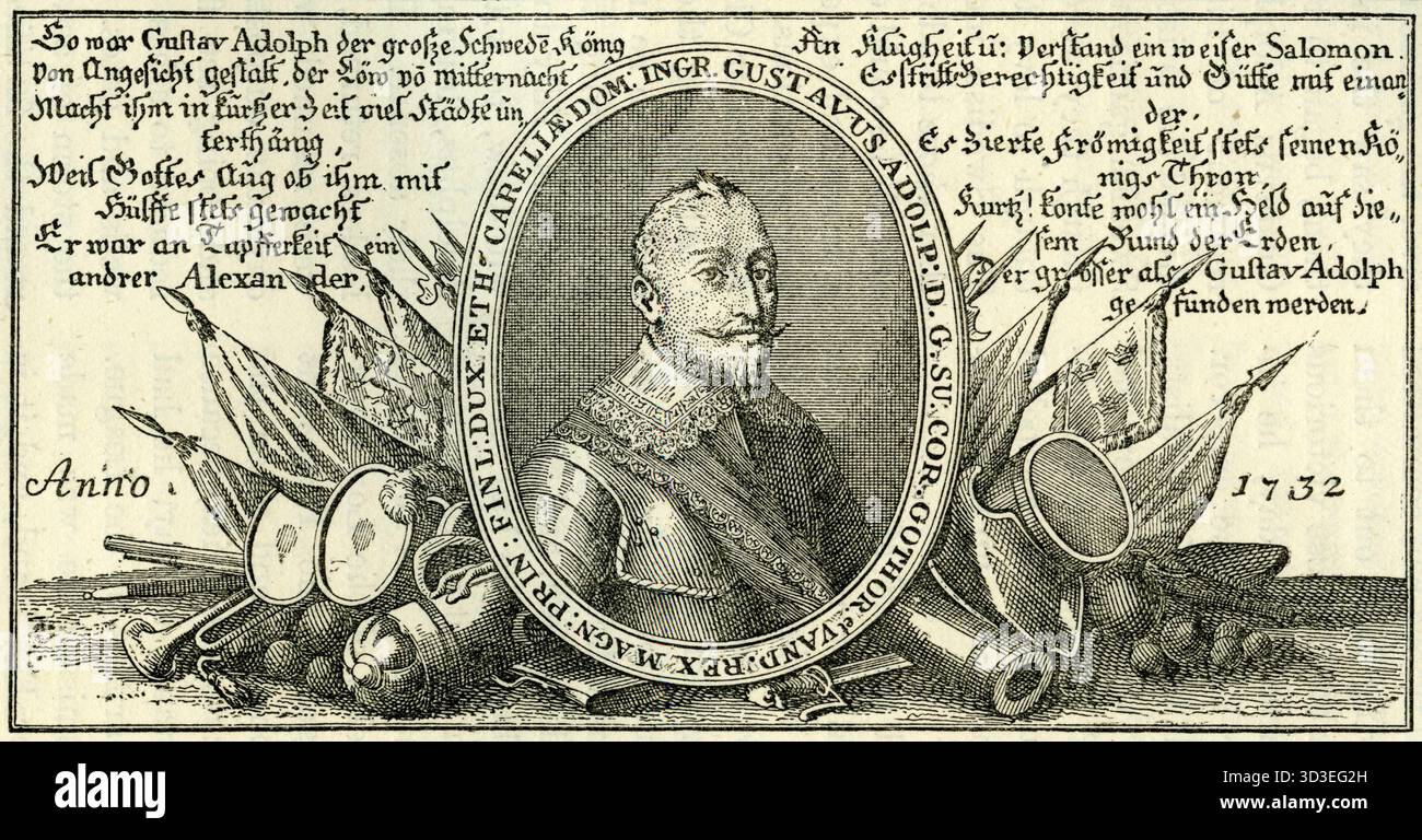 Gravure de Gustave Adolphe (1594 – 1632), également connu en anglais sous le nom de Gustave II Adolphe ou Gustave II Adolphe, roi de Suède de 1611 à 1632. Il est considéré comme le père de la guerre moderne et est crédité de la montée de la Suède en tant que grande puissance européenne Banque D'Images