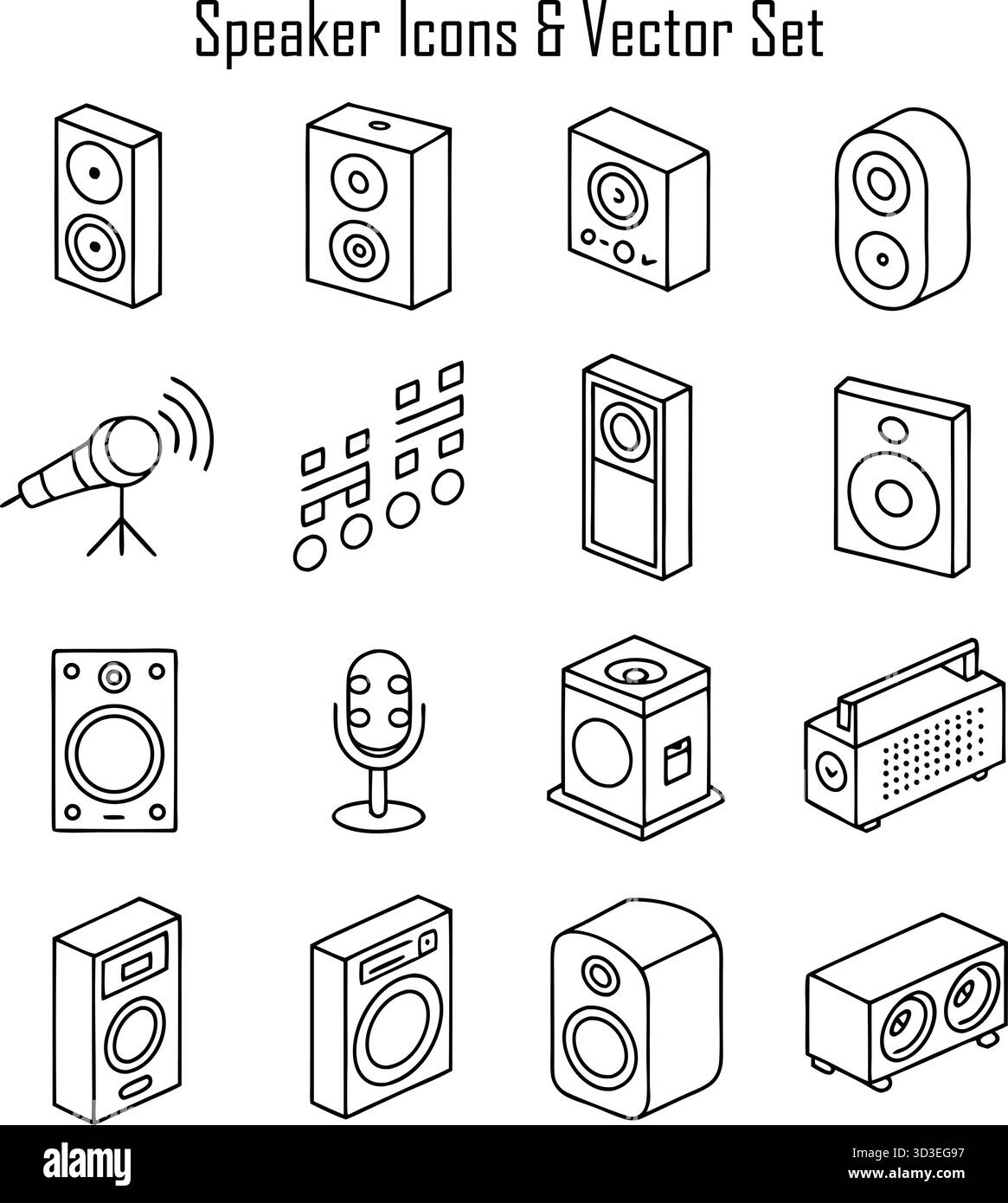 Illustration des icônes des haut-parleurs pour la conception de technologies audio, musicales et sonores Illustration de Vecteur