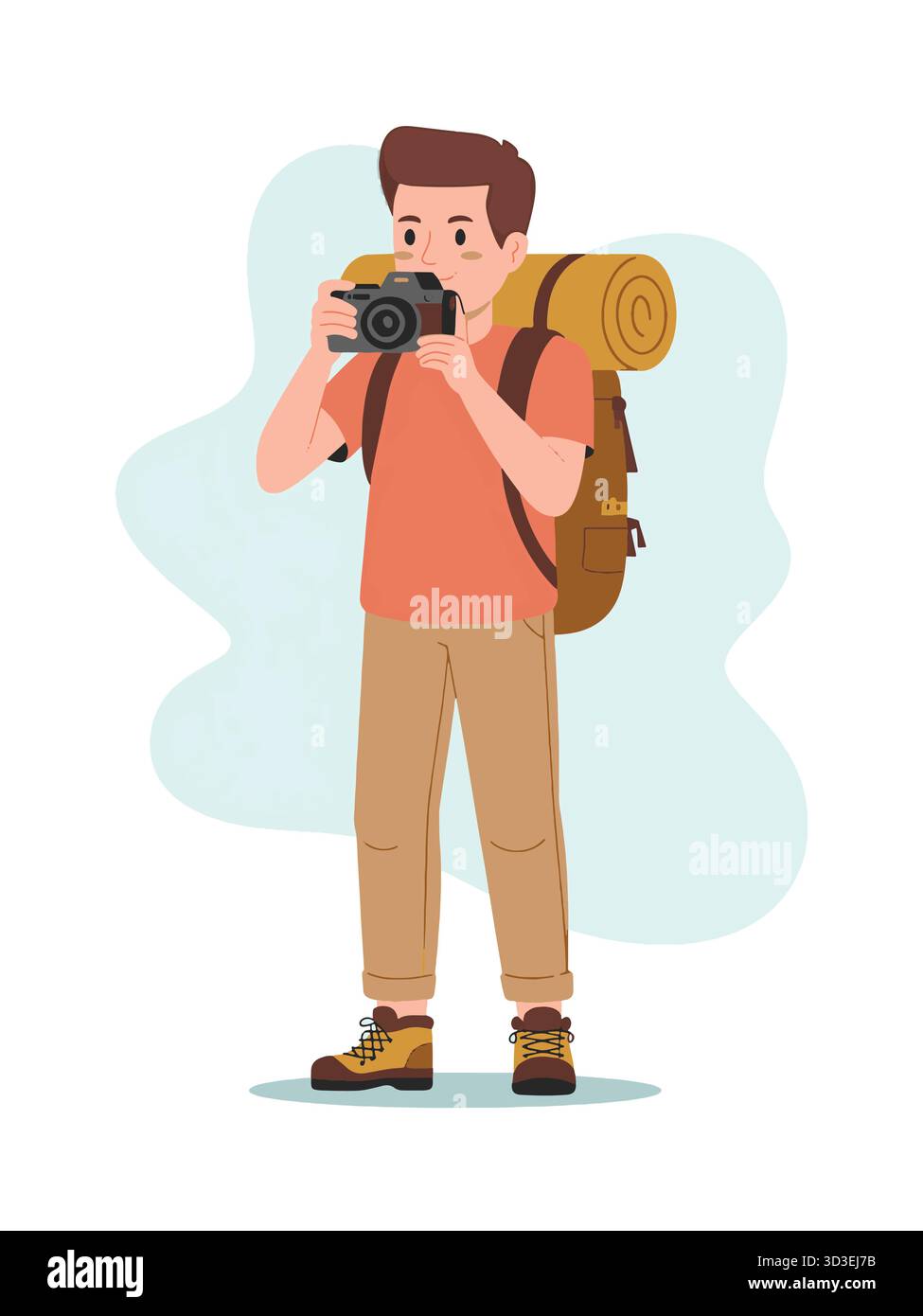 Photographe masculin capturant des paysages sur Adventure Trip avec illustration de sac à dos Illustration de Vecteur