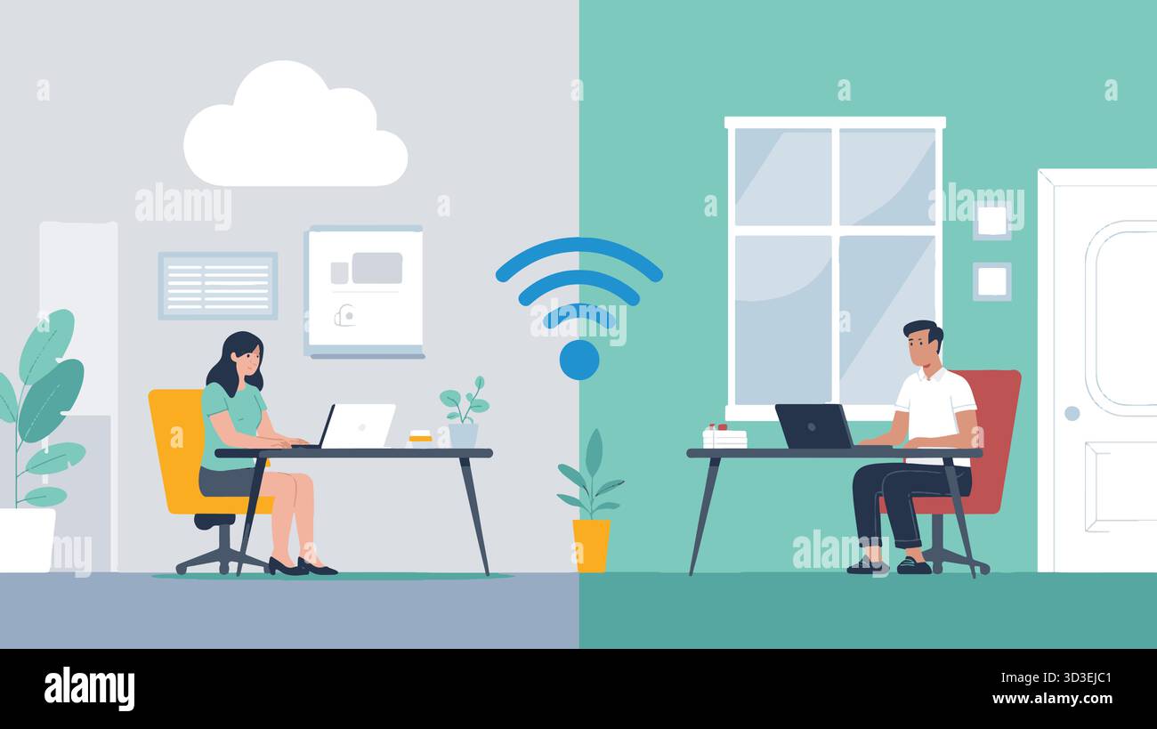 Concept de télétravail et de connectivité avec des personnes travaillant à partir de différents endroits Illustration de Vecteur