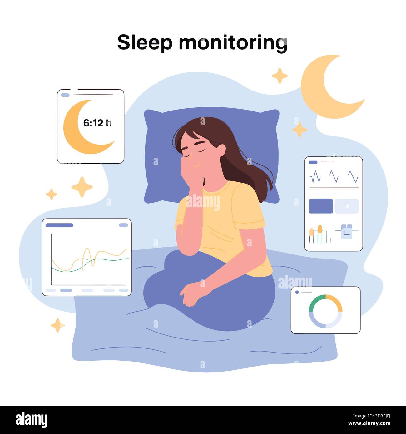 Application de technologie de surveillance du sommeil avec les données de sommeil et de suivi de la femme Illustration de Vecteur