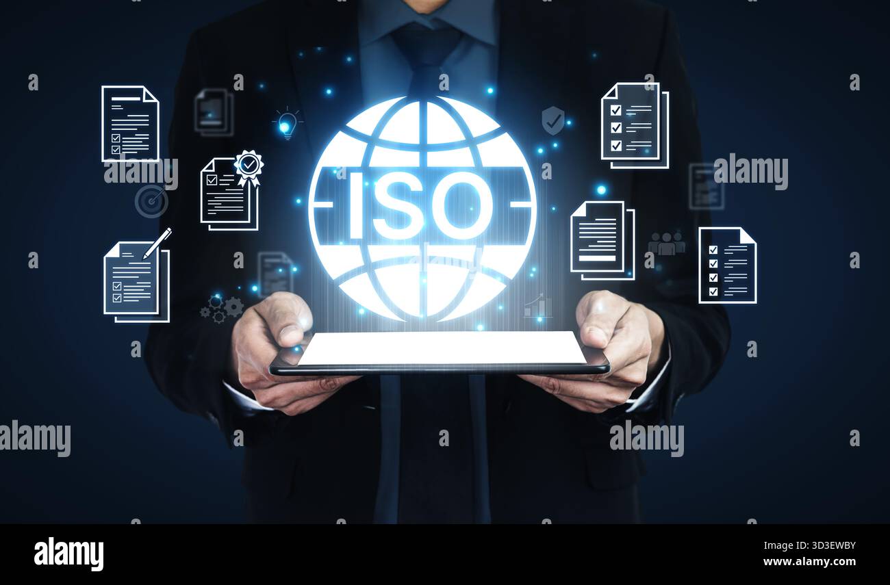 Concept de certification ISO pour la gestion de la qualité des entreprises. Cette norme internationale garantit la conformité, le contrôle des processus et l'assurance pour Banque D'Images